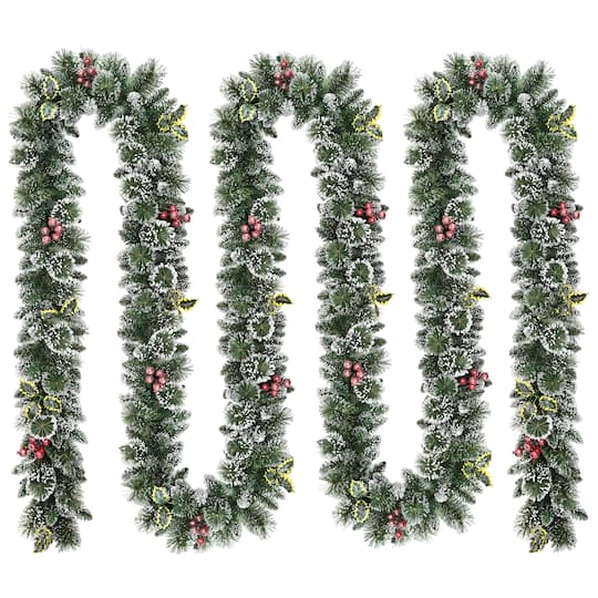Puleo International 20Ft Unlit Snowy Silverton Pine with Red Berries & Holly Leaves Garland | 20 ft | Michaels®